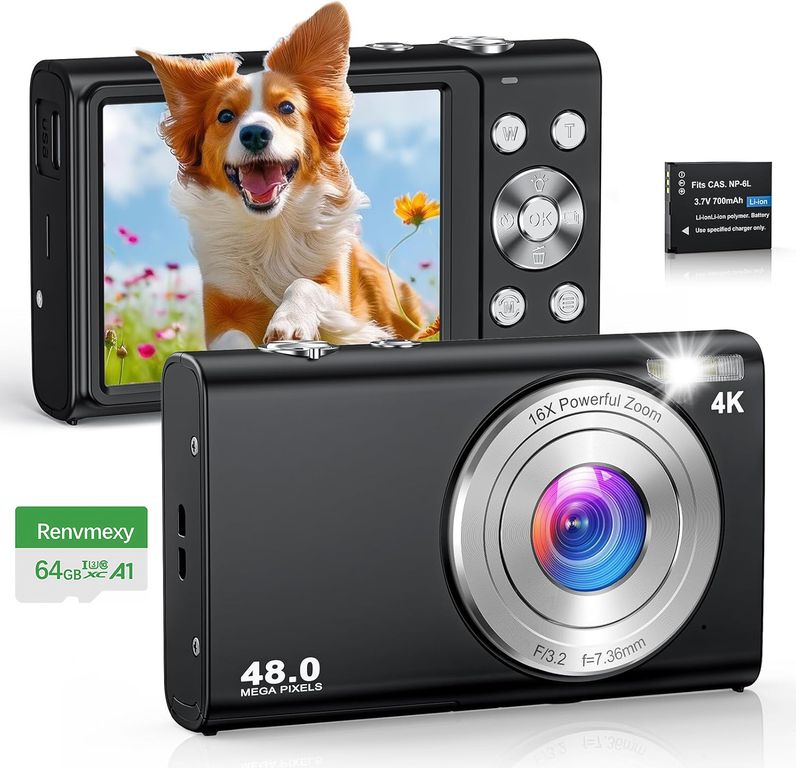 Cámara Digital Negra 4K 48MP Profesional Zoom 16X + 64GB