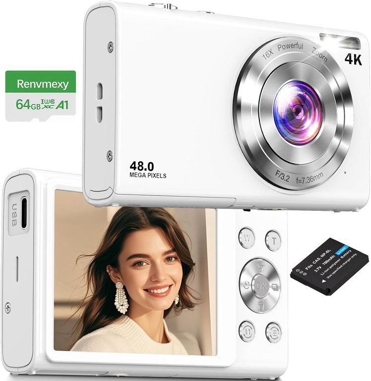 Cámara Digital Blanca 4K para Viajes 48MP Autofoco 64GB