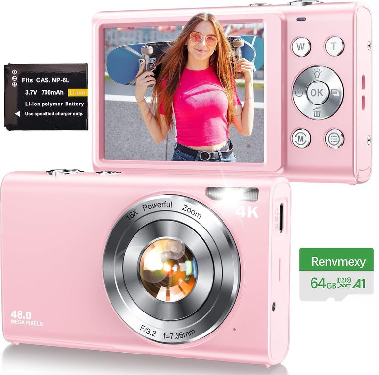 Cámara Rosa 48MP Selfies + 16 Filtros Fácil de Usar 64GB