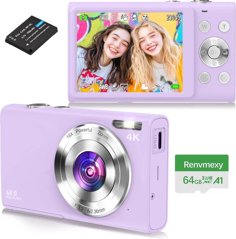 Cámara Digital Morada 4K Creativa Zoom Digital 64GB