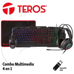 TEROS GAMING - Kit 4 en 1 Teros TE-4063N Teclado Multimedia Mouse Headset Mouse Pad