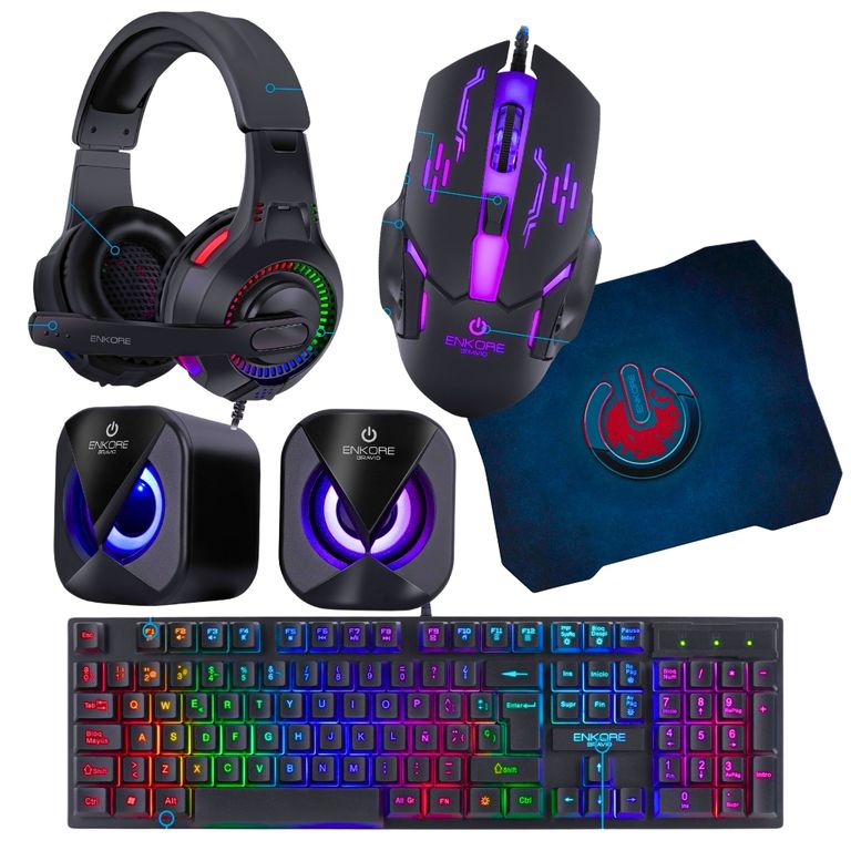 Kit Gamer Bravio 5 en1: Parlante+ audifono + teclado + mouse + Pad