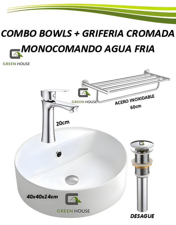 COMBO LAVATORIO CAÑO MONOMANDO + TOALLERO ACERO INOXIDABLE 60CM