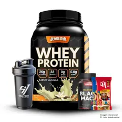 DEMOLITOR - Whey Protein 2.3 lb Vainilla+Maca Negra Sport 120 Caps+12 Snacks Proteícos