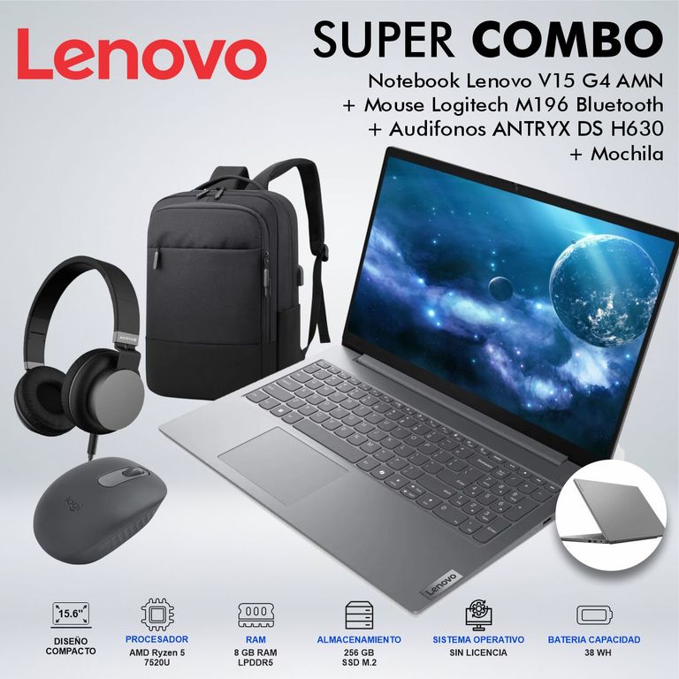 LAPTOP V15 G4 AMN RYZEN 5 7520U MEMORIA 8GB DISCO 256GB SSD M2