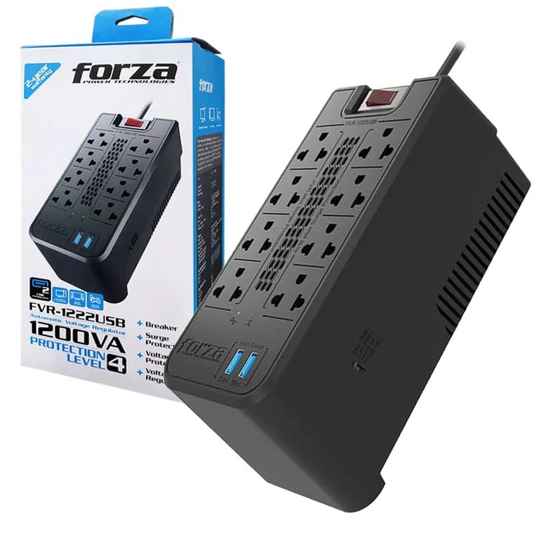 Estabilizador de Voltaje FVR-1222 USB 1200va 600w Color Negro