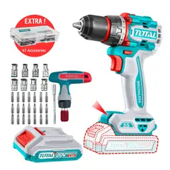 TOTAL TOOLS - Kit Taladro Atornillador 20V + puntas y dados TOTAL