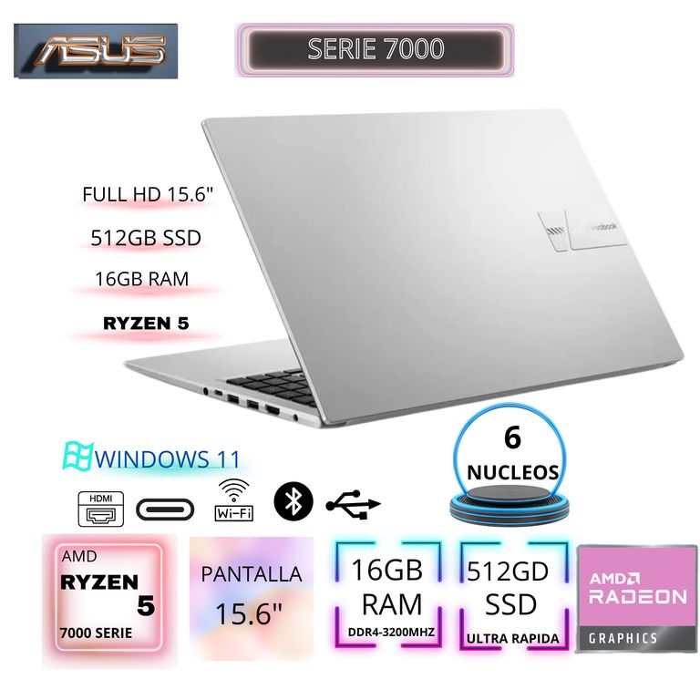Laptop Vivobook M1502YA-NJ544 AMD Ryzen 5-7430U 16GB RAM 512GB SSD 156 FHD