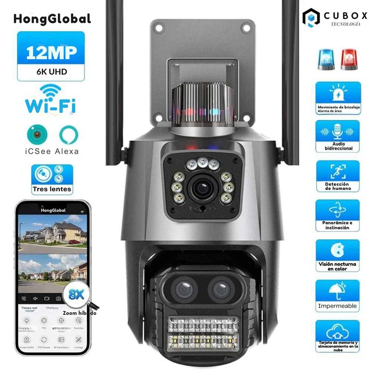 Cámara PTZ WiFi 4K Exterior Doble Lente 360° Alarma, Zoom optico y Sirena Integrada