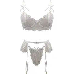 GENERICO - CONJUNTO DE LENCERÍA DE 3 PIEZAS – ENCAJE FLORAL & SATÉN