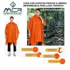 GENERICO - CAPA CON CAPUCHA O PONCHO PVC IMPERMEABLE PARA LLUVIA NARANJA CON BOLSILLO