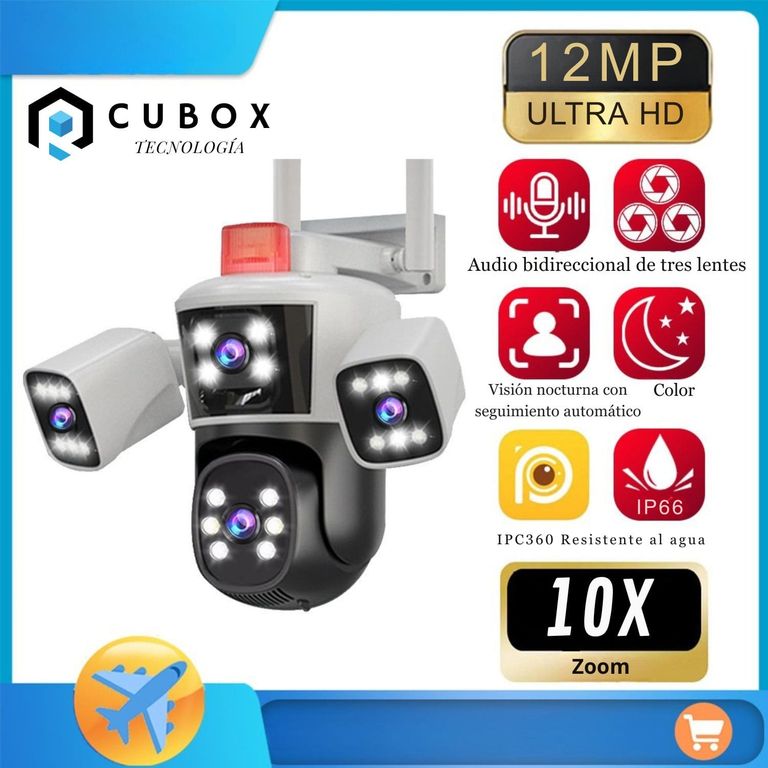 Cámara IP PTZ Triple Lente 360° Alarma Sirena y Cobertura Total Exterior