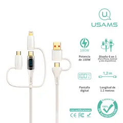 USAMS - Cable celular carga rápida 6en1 A+C a C+L+M 100W 120cm Beige