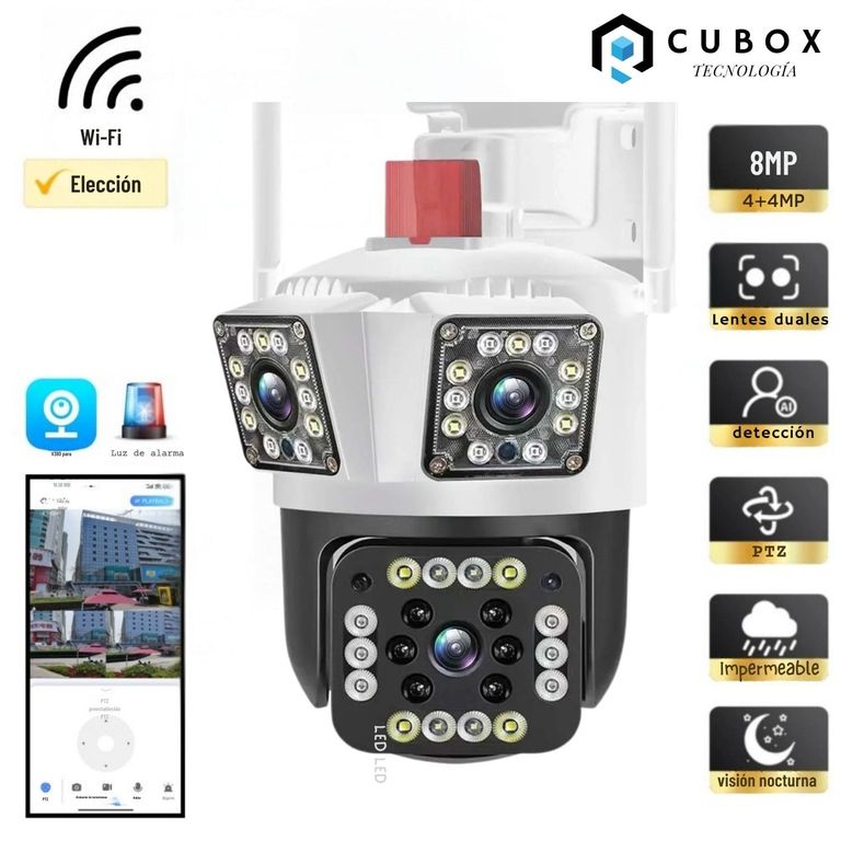 Cámara Seguridad Exterior 360° PTZ WiFi Triple Lente con Alarma y Sirena