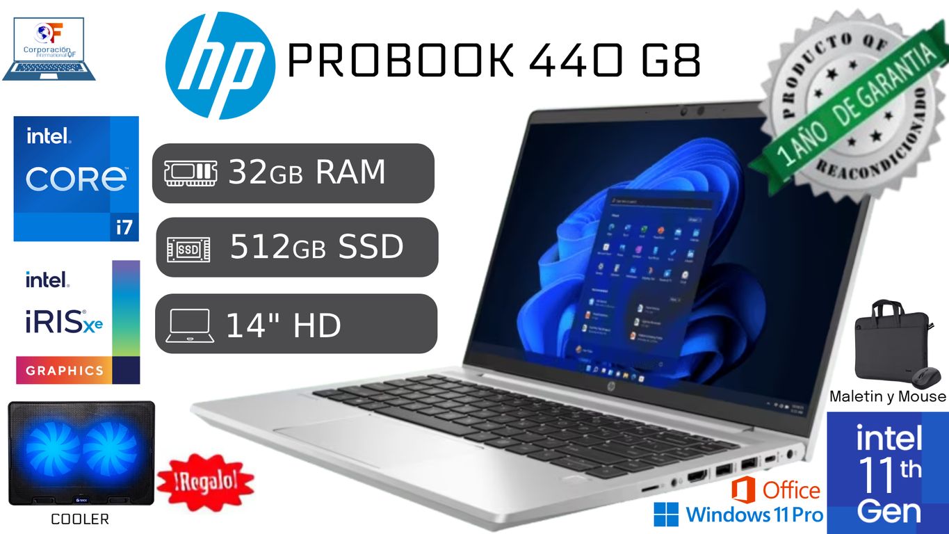 Laptop ProBook 640 G8 i5 11va 32GB RAM 512GB SSD Reacondicionada FHD + COOLER + MALETIN + MOUSE