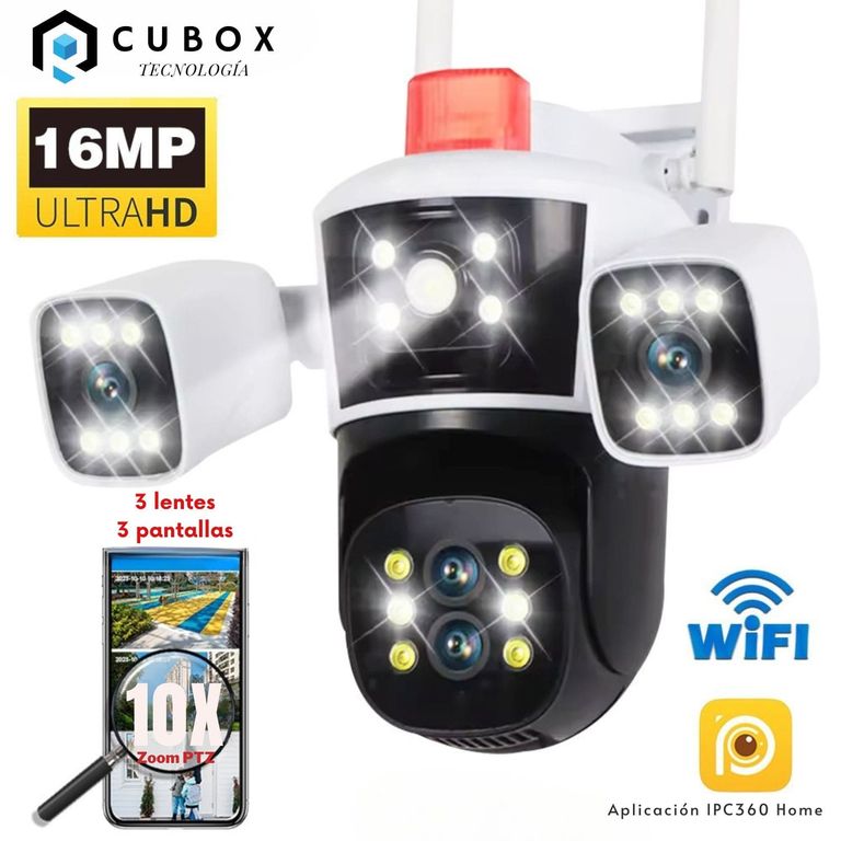 Cámara IP WiFi 3 Lentes Giro 360°, Alarma y Sensor de Movimiento con Zoom 10X
