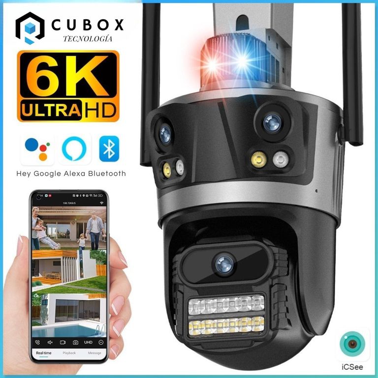 Cámara PTZ WiFi Triple Lente Giro 360° Alarma Sonora y Protección Exterior