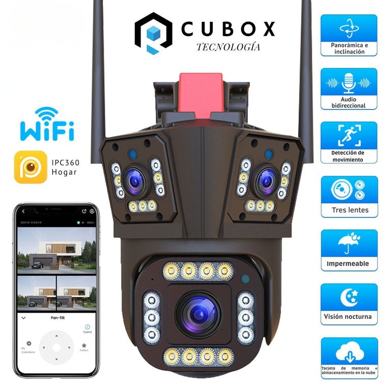 Cámara de Seguridad Exterior 360° WiFi PTZ Triple Lente Alarma y Sonido de Alerta