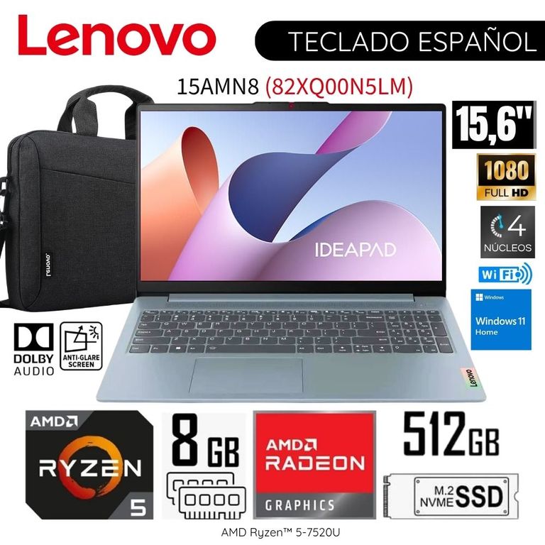 Laptop Ideapad Slim 3 AMD Ryzen 5-7520U 8GB RAM 512GB SSD 15.6" FHD 82XQ00N5LM + Maletín