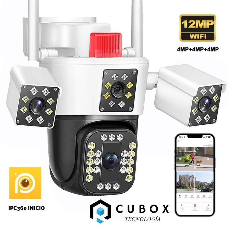 Cámara de Seguridad PTZ 360° Triple Lente WiFi con Alarma Inteligente y Sirena