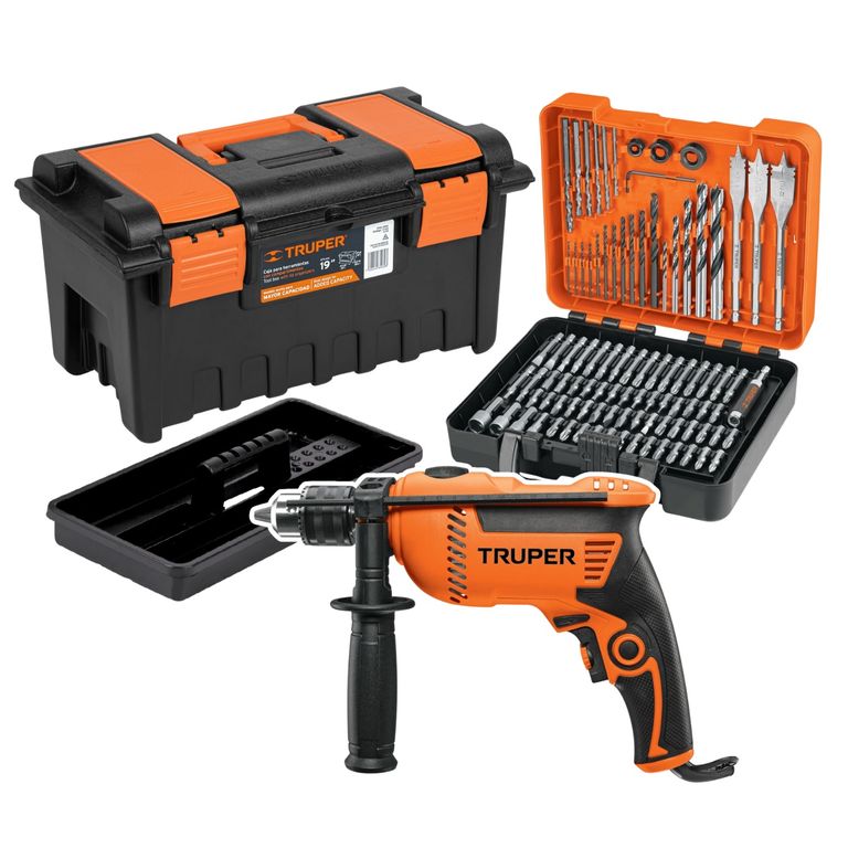Taladro 600w + caja de herramientas + puntas y brocas 100pzas