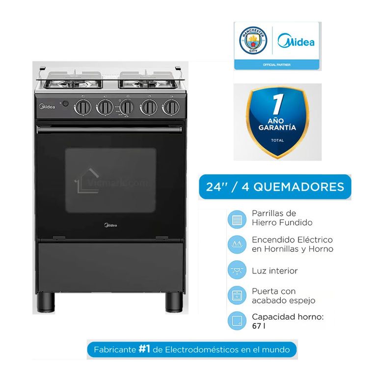 Cocina a Gas 24" 4 Quemadores Negra