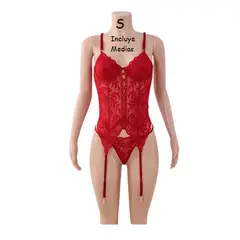GENERICO - CORSET LENCERIA SEXY PORTALIGAS ROJO CON MEDIAS