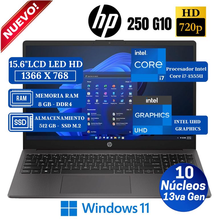 Laptop 250 G10 15.6" LCD LED HD, Intel Core i7-1355U, 13va Gen, Ram 8GB, SSD 512GB, Win 11