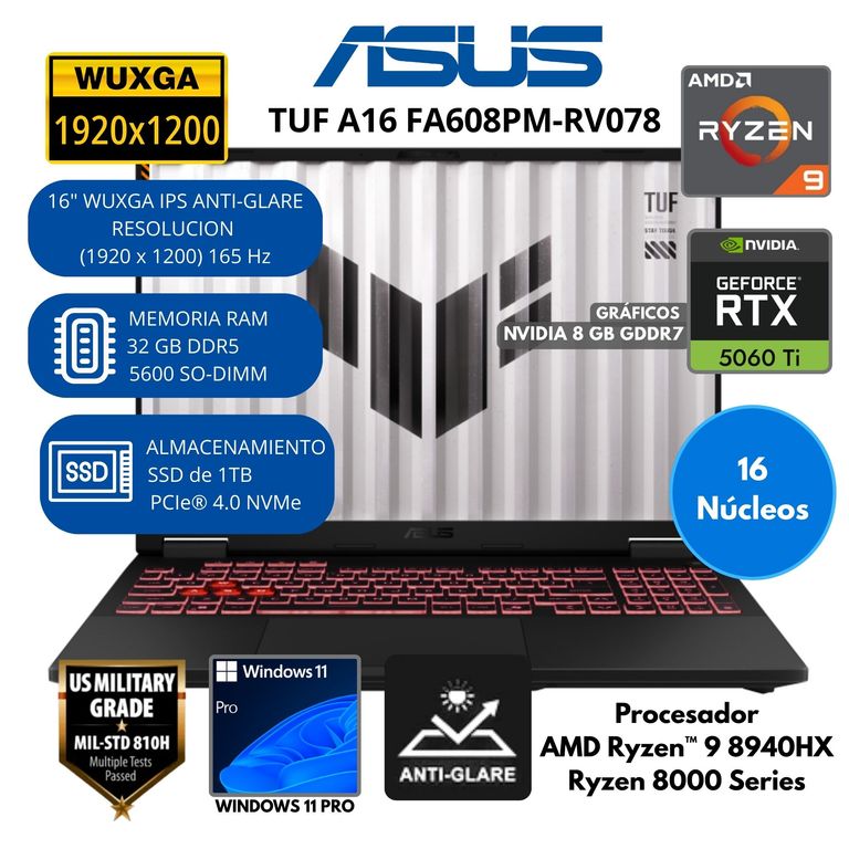 Laptop TUF A16 AMD Ryzen 9 (FA608PM-RV078) RAM 32 GB SSD 1 TB 16"WUXGA Windows 11 PRO