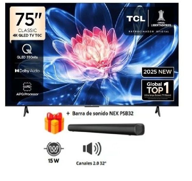 Televisor QLED 75" UHD 4K Smart TV 75T6C Modelo 2025 + soundbar