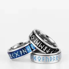 WATTACA - Anillo Azul Giratorio Runas Vikingas para hombre Acero Quirúrgico