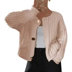 GENERICO - Chompa Mujer Hilo Bolsillos Botones 359G-30 Color Api