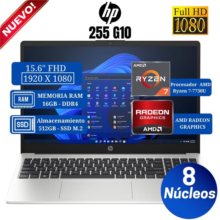 Laptop 255 G10 15,6" FHD, AMD Ryzen 7-7730U, Ram 16GB, Ssd 512GB, Free Dos