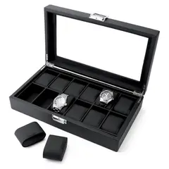 GENERICO - Organizador de 12 Relojes – Diseño Fibra de Carbono con Tapa de Vidrio