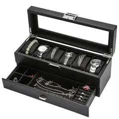 GENERICO - Organizador de reloj 2 niveles de madera forrado con fibra de carbono