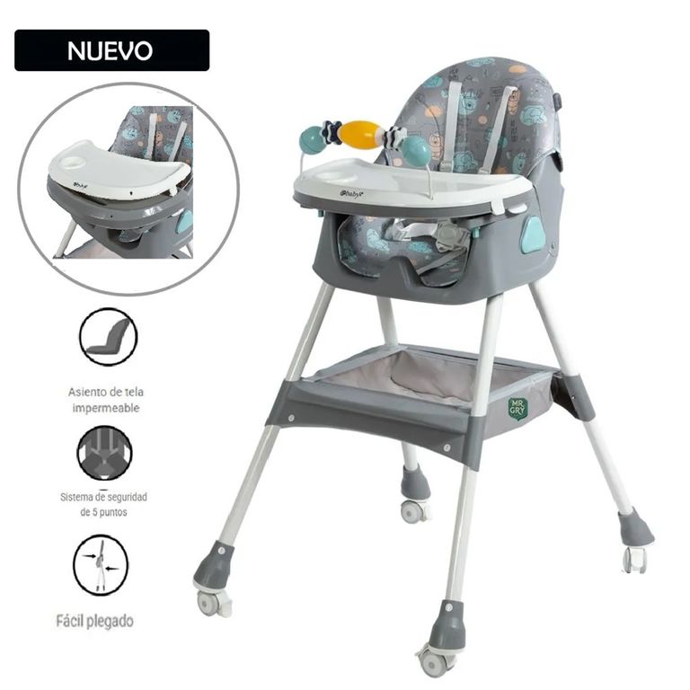 Silla de Comer Plegable Con Ruedas Doble bandeja LULU Gris
