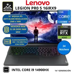LENOVO - Laptop LEGION PRO 5 16IRX9 INTEL CORE i9-RAM 32 GB SSD 1 TB RTX 4060 (8 GB GDDR6)