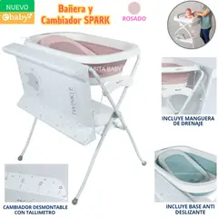 EBABY - Bañera cambiador plegable con tallímetro para bebe Spark Rosado