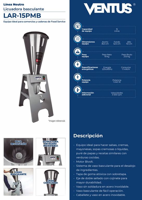 Licuadora Basculante 15Lts -Inox- LAR-15PMB