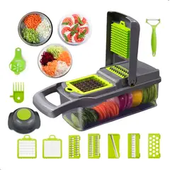 GENERICO - Cortador Picador De Alimentos Rallador Manual 14 En 1 Gris