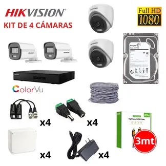 Hikvision - KIT 4 CÁMARAS DE SEGURIDAD FULL HD COLOR VU CON AUDIO DISCO SEAGATE 1TB