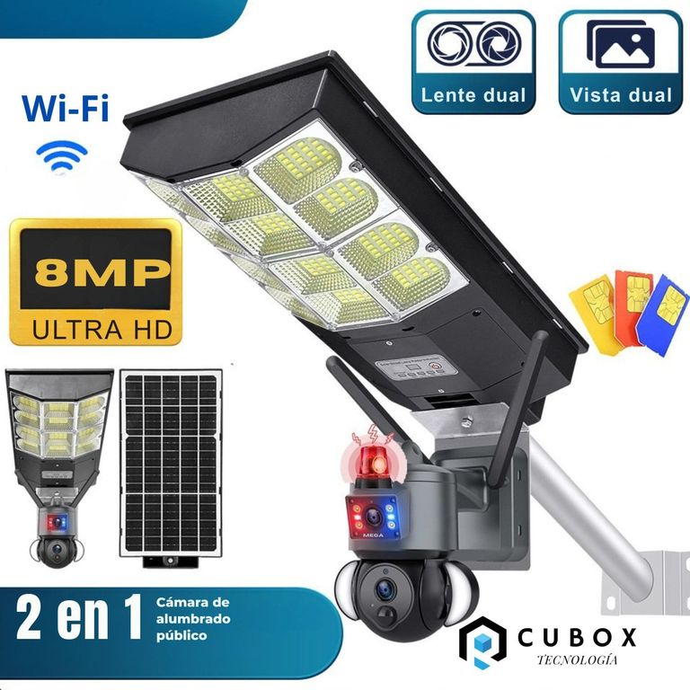 Cámara con panel solar y chip 4g + luminaria con zoom óptico 50 metros