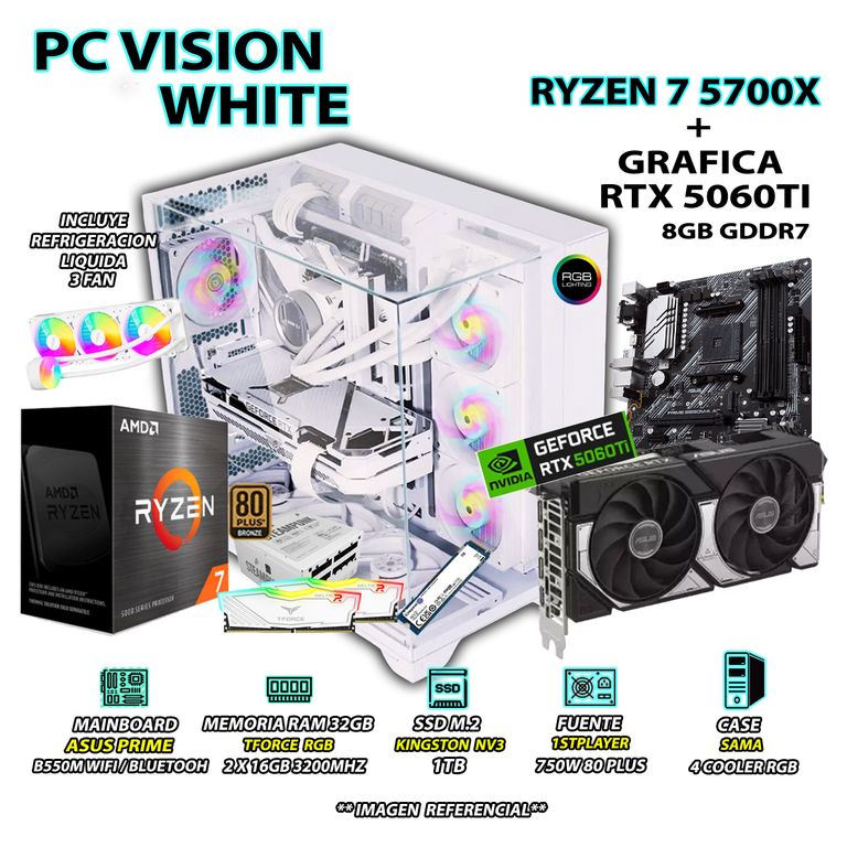 Computadora PC Gamer RYZEN 7 5700X RAM 32GB SSD 1TB GRAFICA RTX 5060TI 8GB