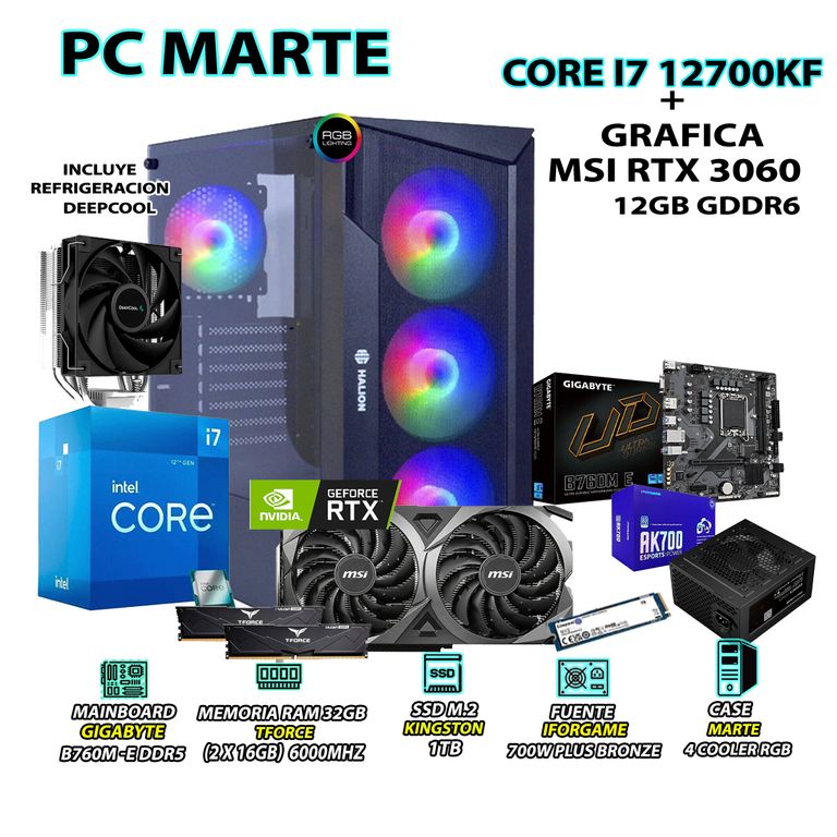 Computadora Gamer Core i7 12700KF RAM DDR5 32GB SSD 1TB GRAFICA RTX 3060 12GB