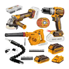 INGCO TOOLS - Taladro Inalámbrico 20v + Amoladora Brushless + Soplador 20v INGCO