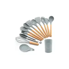 GENERICO - Set Cucharones Utensilios Silicona y Madera Cocina Premium Aleatorio