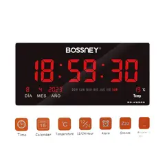 GENERICO - Reloj Digital BOSSNEY de Pared 46x22cm Hora Rojo Fecha Temperatura