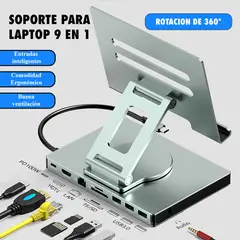 GENERICO - Soporte Base Laptop 360° Adaptador Inteligente hub 9 en 1 tipo c,hdmi, usb 3.0,rj45Gigalan
