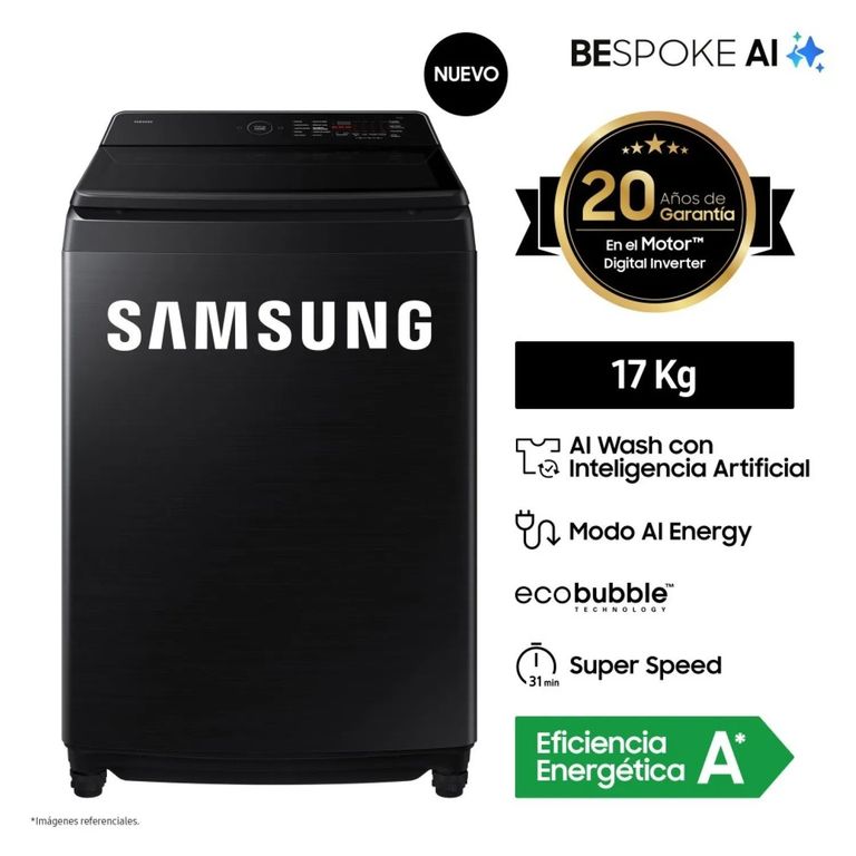 Lavadora Carga Superior 17 Kg AI Wash EcoBubble WA80F17S8BPE Negro