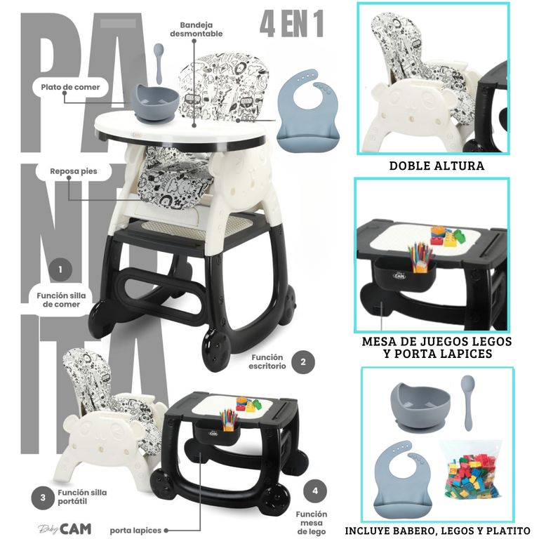 Silla de comer Carpeta con accesorios Panda 4 en 1 Negro